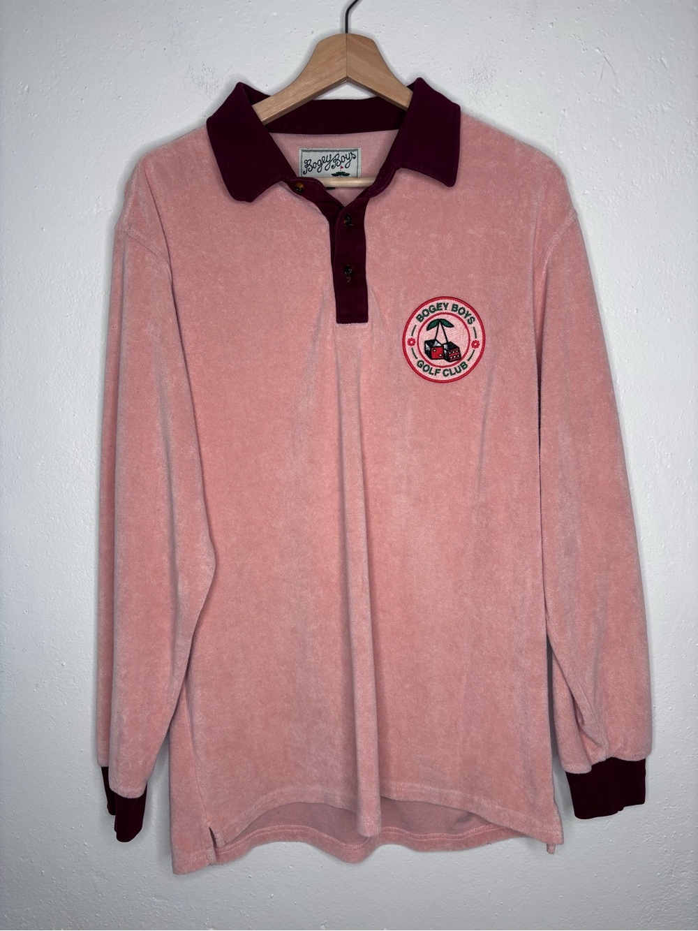 Bogey Boys Terry Cloth Long Sleeve Polo Golf Shirt Salmon Maroon Size Large